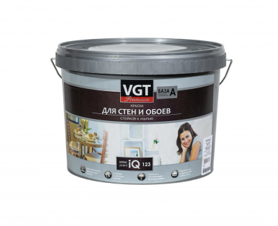 Краска VGT PREMIUM для стен и обоев IQ 123 база А стойкая к мытью 9л (14кг)