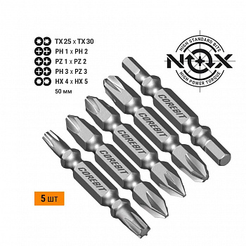 Набор бит SET5 2X PH1xPH2, PZ1xPZ2, PH3xPZ3, Tx25xTx30, HEX4xHEX5-50, 5шт карта COREBIT NOX